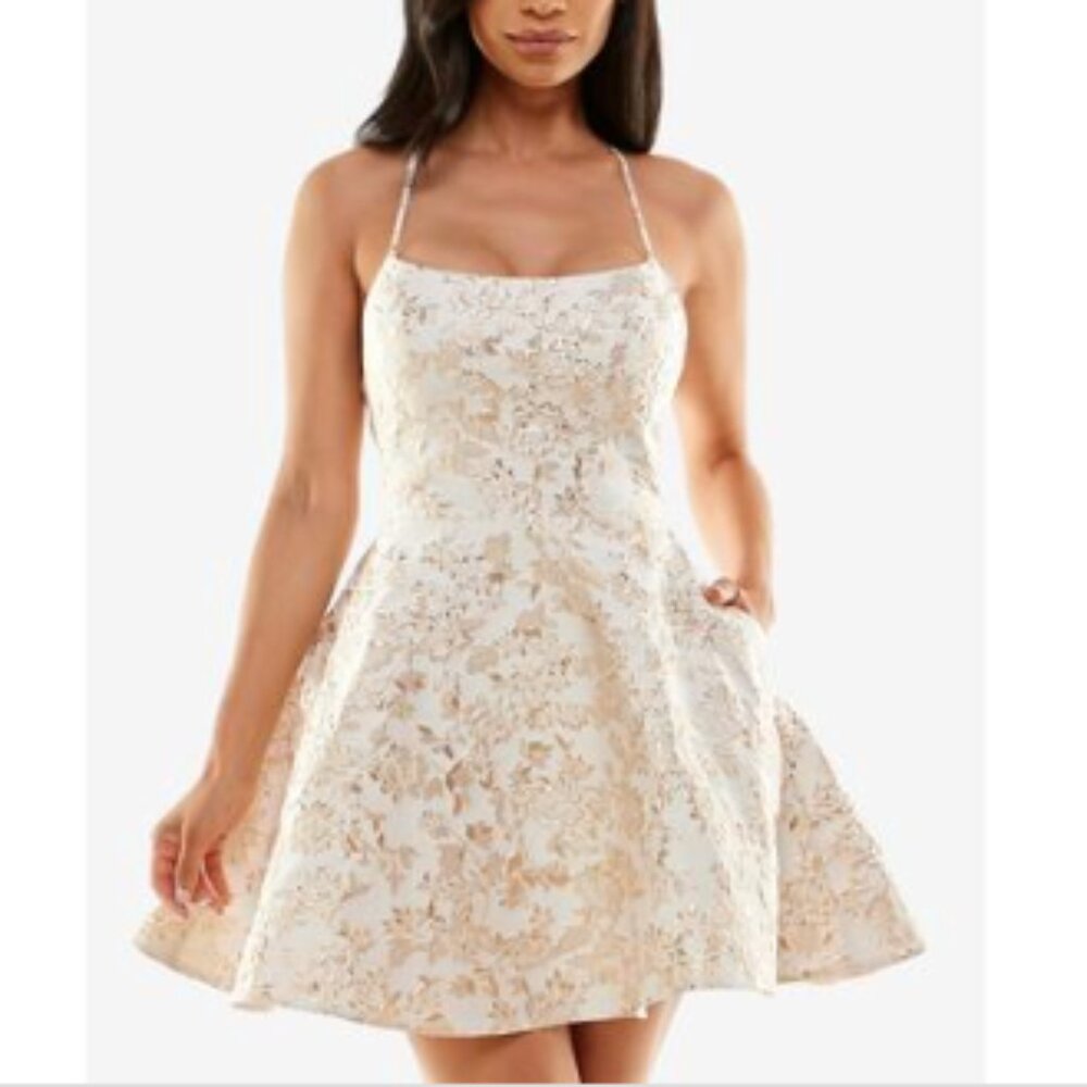 Juniors Womens Metallic Mini Fit & Flare Dress